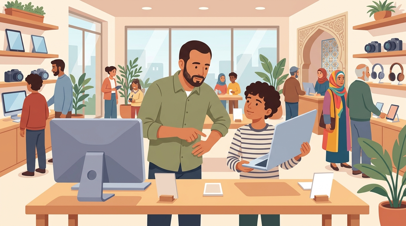 Dans un magasin d'électronique, un papa et son fils comparent un ordinateur de bureau et un portable léger